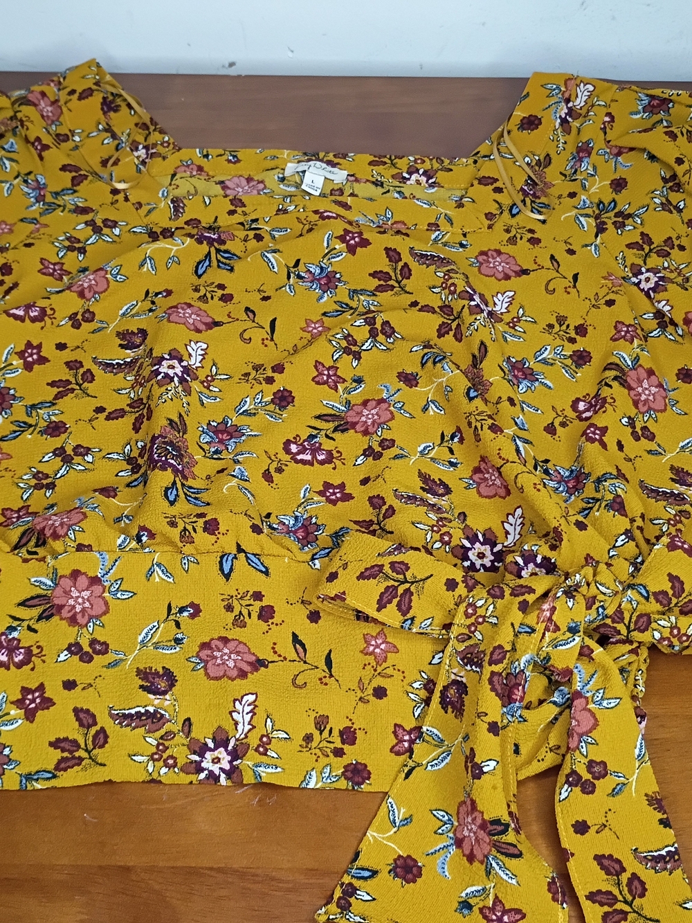 Lily White Mustard Floral Tie-Front Blouse